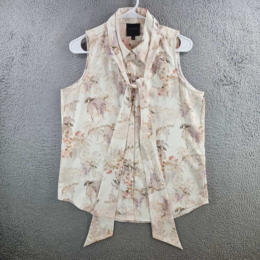 Alex Marie Womens Floral Sleeveless Tie Neck Button Front Blouse Ivory Tan M